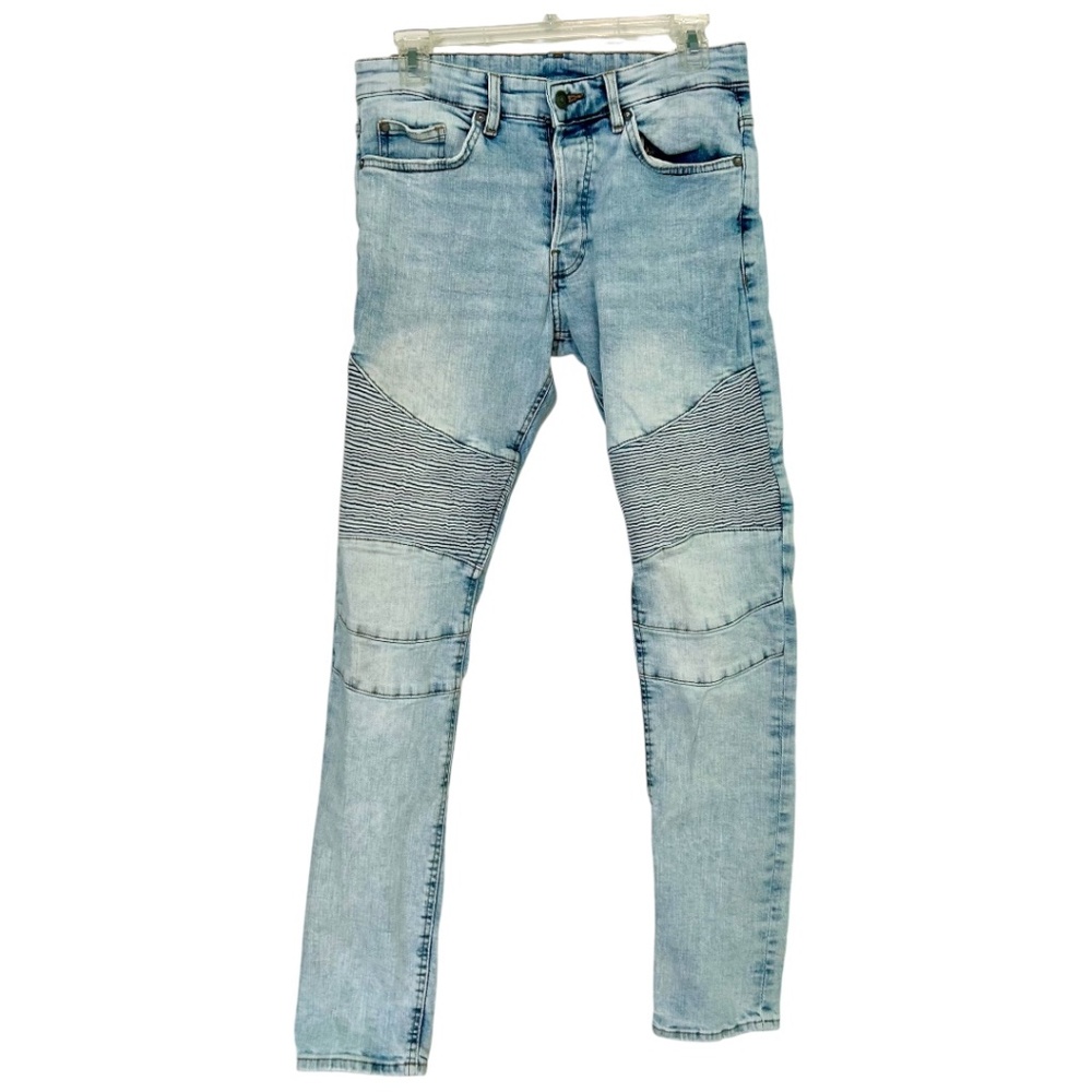 H&M Divided Skinny Slim Jeans 30 Light Blue Ribbed Thigh 4 Button Fly Distressed